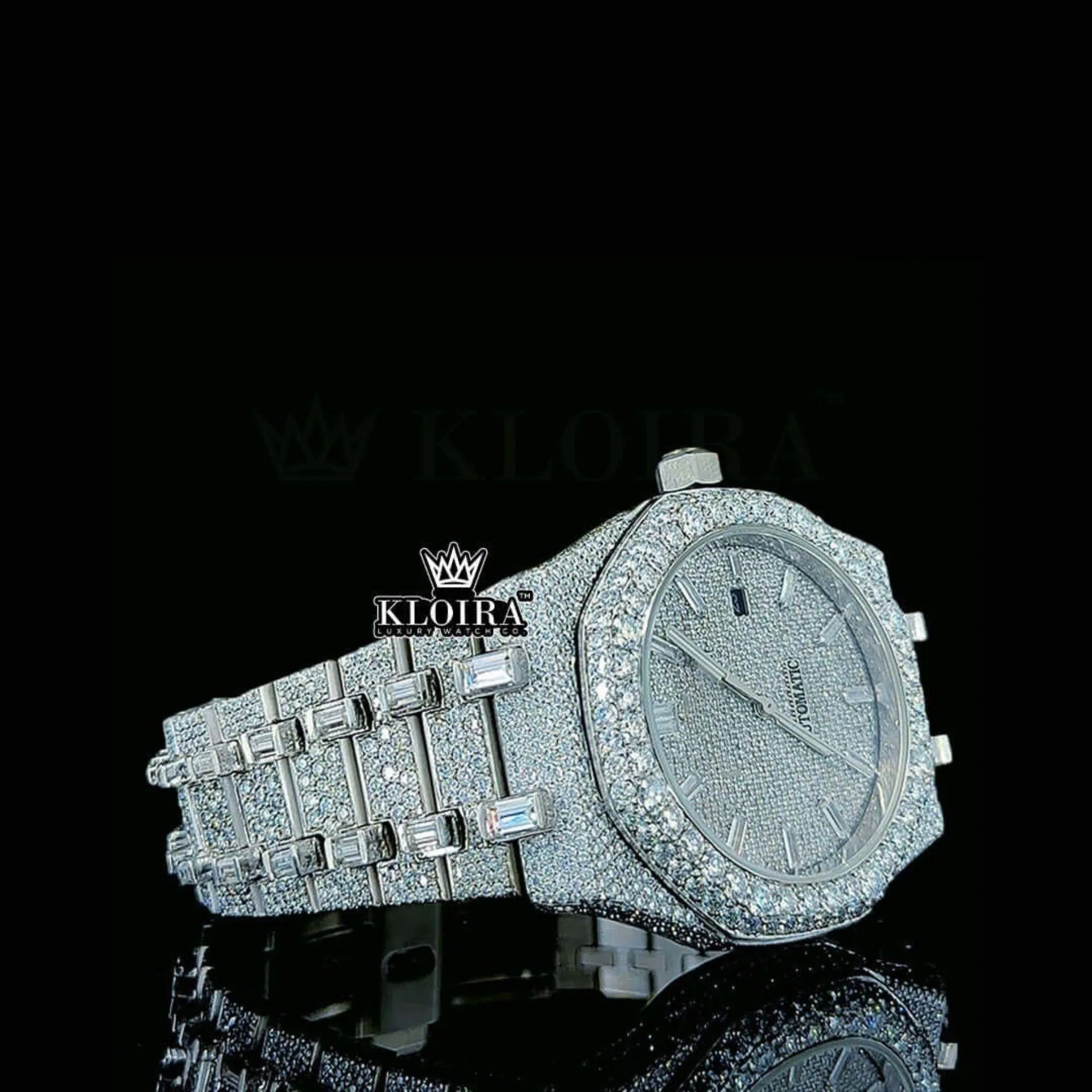 Baguette Diamond Markers White Dial Fully Iced Out AP Moissanite Watch Right Profile View