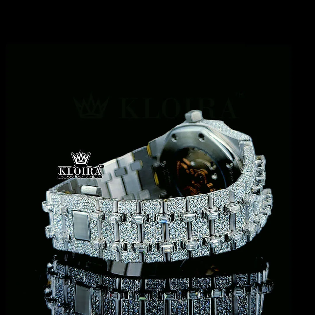 Baguette Diamond Markers White Dial Fully Iced Out AP Moissanite Watch Right Side Bracelet View