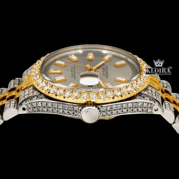 Beige Dial Diamond Markers Two Tone Fully Iced Moissanite Diamond Watch Crown View