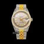 Beige Dial Diamond Markers Two Tone Fully Iced Moissanite Diamond Watch