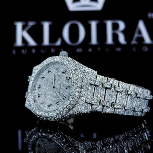 Black Arabic Dial AP Fully Iced Out Moissanite Diamonds Watch Left Profile View