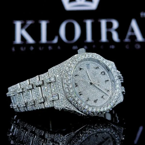 Black Arabic Dial AP Fully Iced Out Moissanite Diamonds Watch Right Profile View