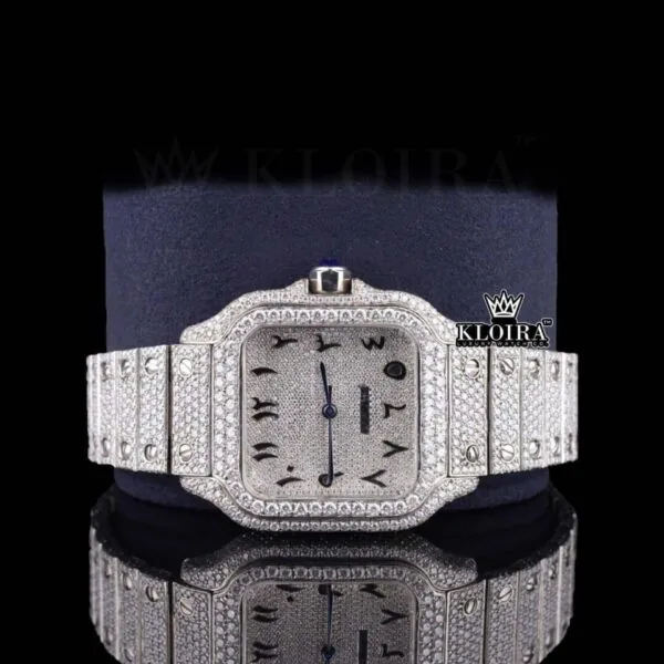 Black Arabic Numerals Bust Down White Dial Moissanite Diamond Watch Close Up Front View