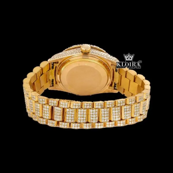 Black Arabic Numerals Dial Day Date Display Yellow Gold Moissanite Watch Caseback View