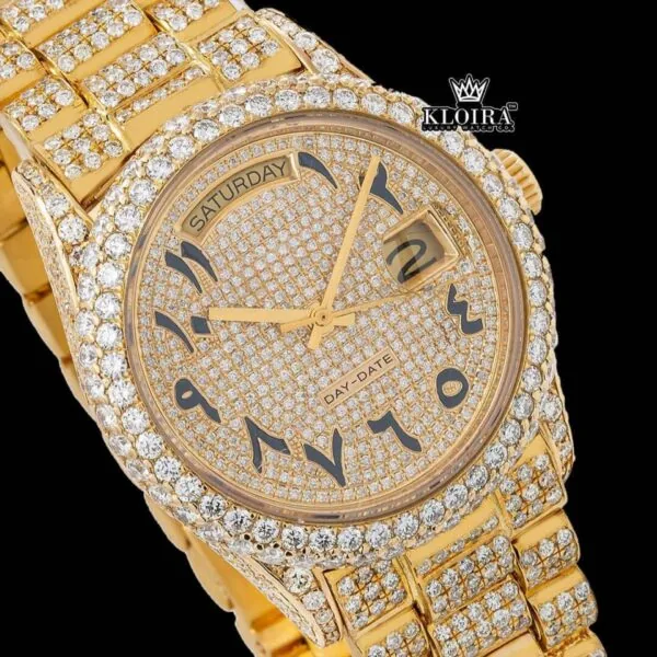 Black Arabic Numerals Dial Day Date Display Yellow Gold Moissanite Watch Close Up Dial View