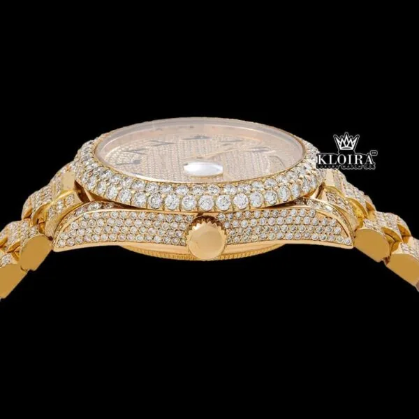 Black Arabic Numerals Dial Day Date Display Yellow Gold Moissanite Watch Crown View