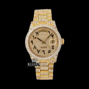 Black Arabic Numerals Dial Day Date Display Yellow Gold Moissanite Watch