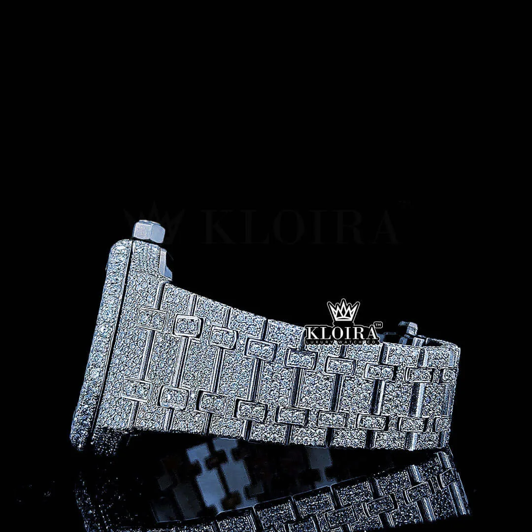 Black Arabic Numerals Dial Fully Iced Out Moissanite Watch Left Side Bracelet View