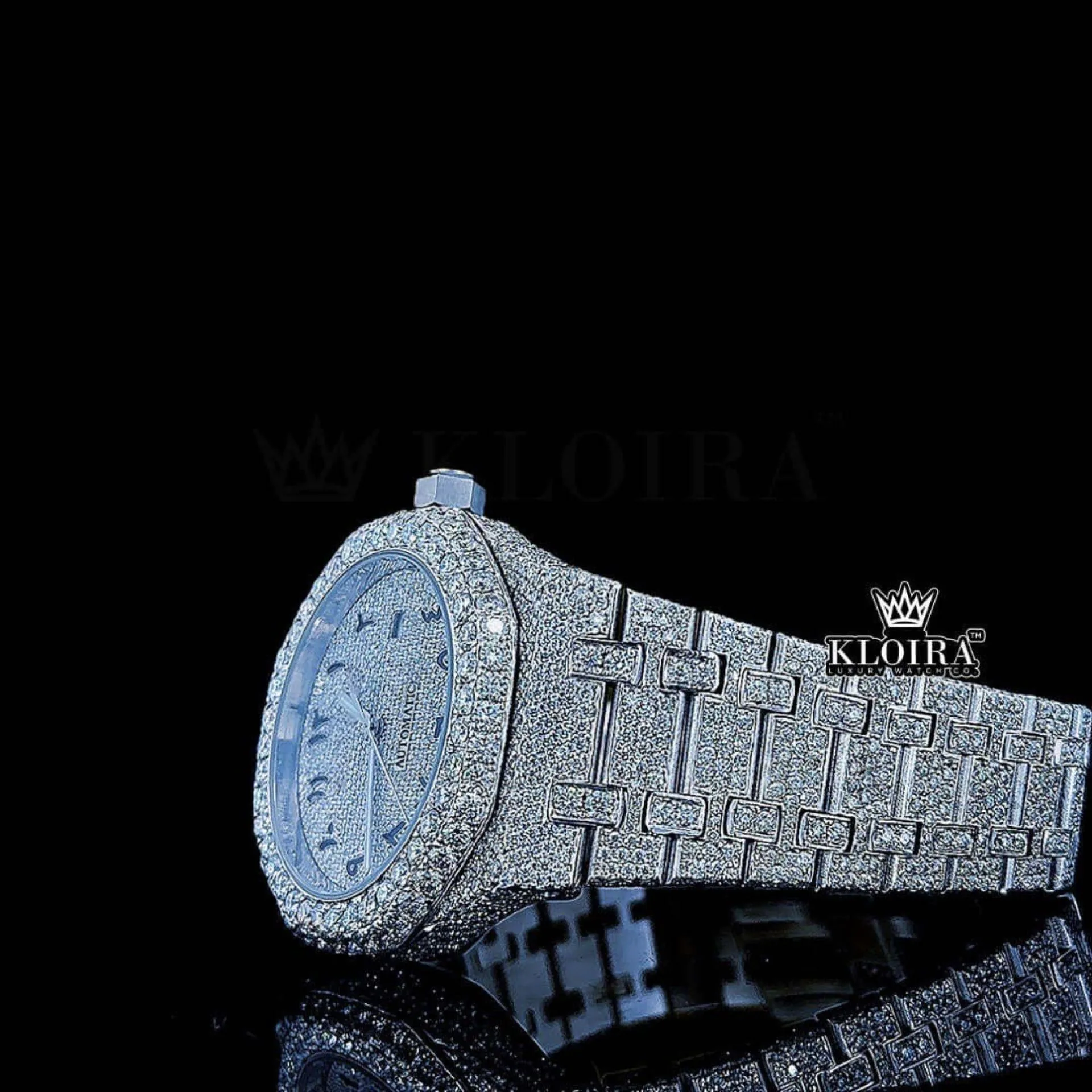 Black Arabic Numerals Dial Fully Iced Out Moissanite Watch Left Side View