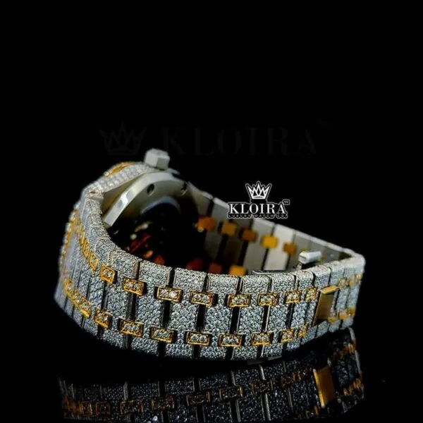 Black Arabic Numerals Dial Two Tone Yellow Gold Natural Diamonds Watch Cross Left Side View