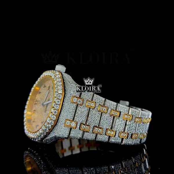 Black Arabic Numerals Dial Two Tone Yellow Gold Natural Diamonds Watch Left Side View