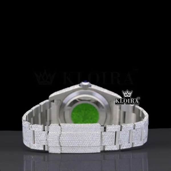 Black Arabic Numerals White Dial Fully Iced Out Moissanite Watch Caseback View