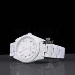 Black Arabic Numerals White Dial Fully Iced Out Moissanite Watch Left Profile View