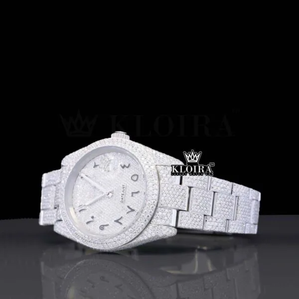 Black Arabic Numerals White Dial Fully Iced Out Moissanite Watch Left Profile View