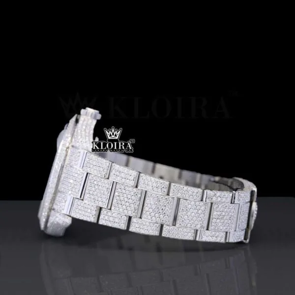 Black Arabic Numerals White Dial Fully Iced Out Moissanite Watch Left Side View