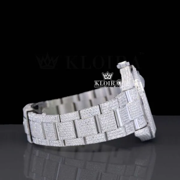 Black Arabic Numerals White Dial Fully Iced Out Moissanite Watch Right Side View