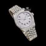 Black Arabic Numerals White Gold Iced Out Moissanite Diamond Watch Close Up Dial View