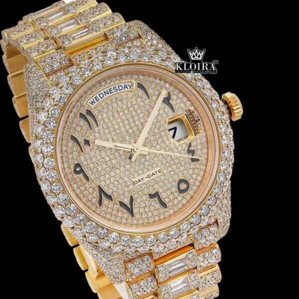 Black Arabic Numerals Yellow Dial Bust Down Moissanite Diamond Watch Close Up Dial View