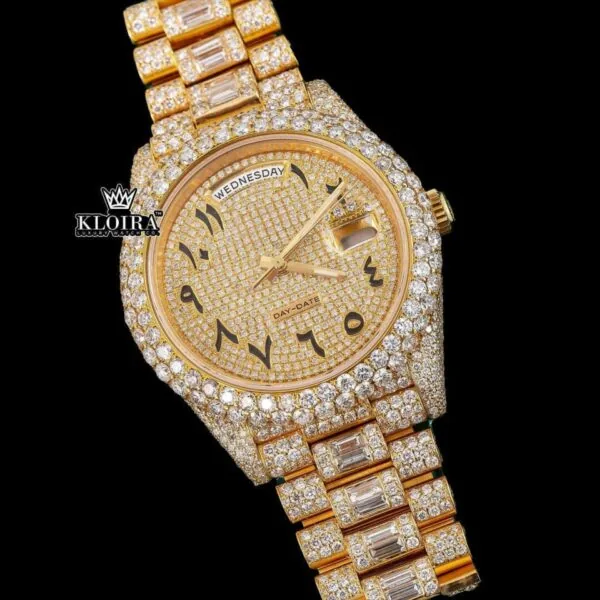Black Arabic Numerals Yellow Dial Bust Down Moissanite Diamond Watch Close Up Front View