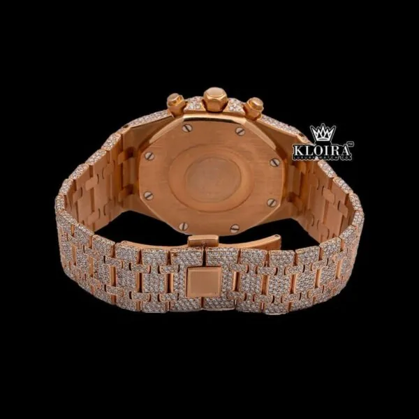 Black Chronograph Dial Fully Iced Out Rose Gold Lab Grown Diamond Watch Caseback View