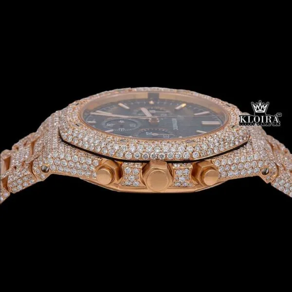 Black Chronograph Dial Fully Iced Out Rose Gold Lab Grown Diamond Watch Crown View