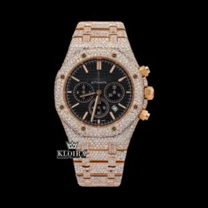 Black Chronograph Dial Fully Iced Out Rose Gold Lab Grown Diamond Watch