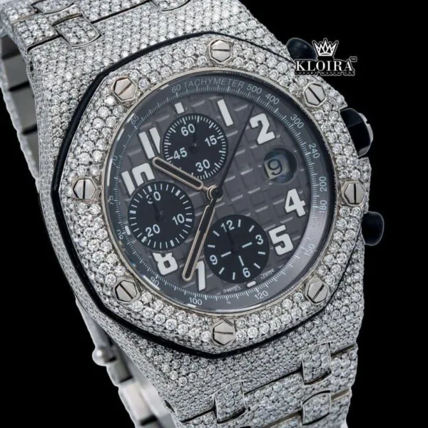Black Dia Standard Numerals Chronograph Iced Out Moissanite Watch Close Up Dial View