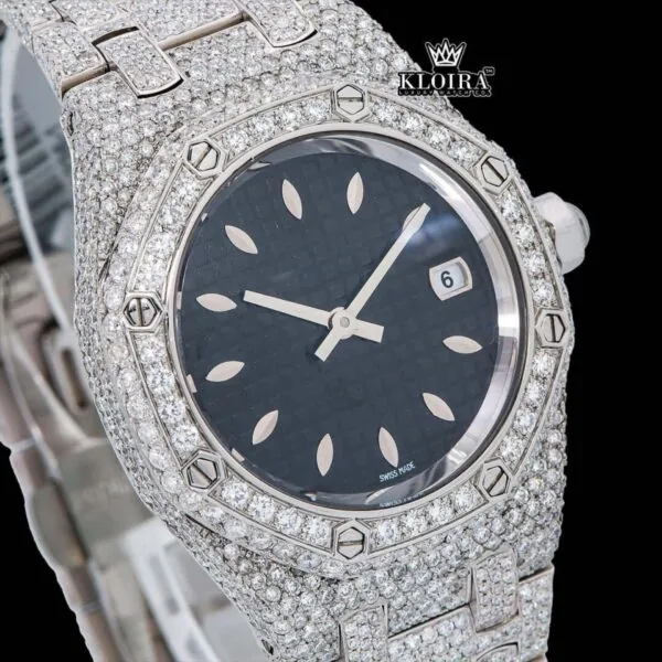 Black Dial AP Fully Iced Out Moissanite Diamond Watch Close Up Dial View