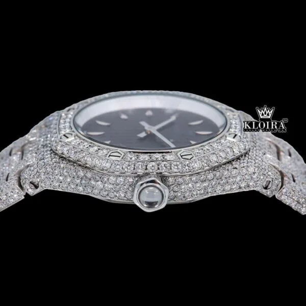 Black Dial AP Fully Iced Out Moissanite Diamond Watch Crown View