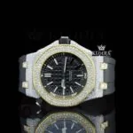 Black Dial AP White Stick Markers Semi Iced Out Moissanite Watch