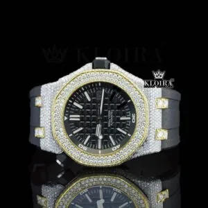 Black Dial AP White Stick Markers Semi Iced Out Moissanite Watch