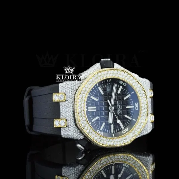 Black Dial AP White Stick Markers Semi Iced Out Moissanite Watch Right Profile View