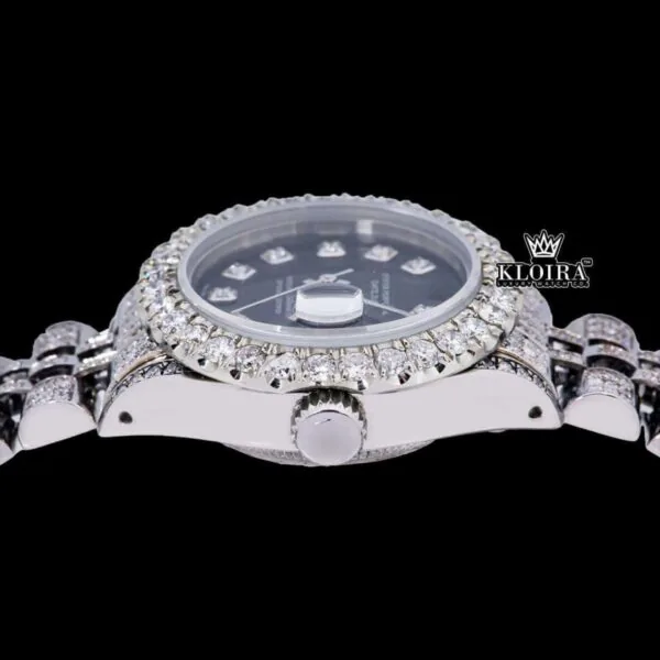 Black Dial Date Display Fully Iced Out Moissanite Diamond Watch Crown View