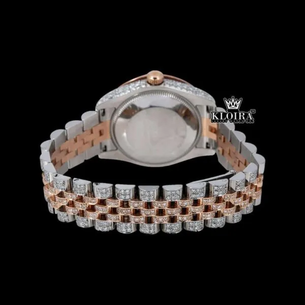 Black Dial Diamond Markers Two Tone Classic Link Strap Moissanite Watch Caseback View