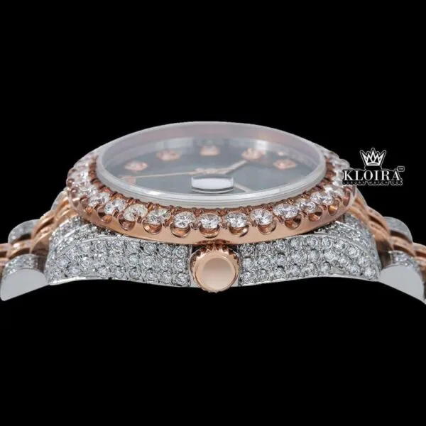Black Dial Diamond Markers Two Tone Classic Link Strap Moissanite Watch Crown View