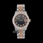 Black Dial Diamond Markers Two Tone Classic Link Strap Moissanite Watch