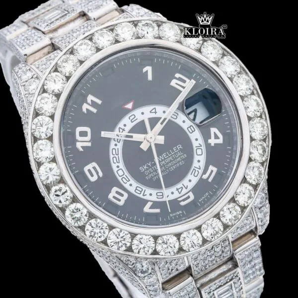 Black Dial Dual Time Sky Full Iced Out Moissanite Diamond Watch Close Up Dial View