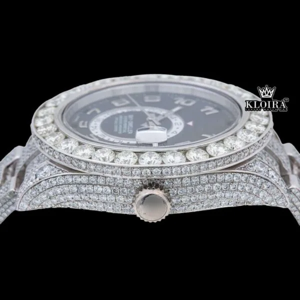 Black Dial Dual Time Sky Full Iced Out Moissanite Diamond Watch Crown View