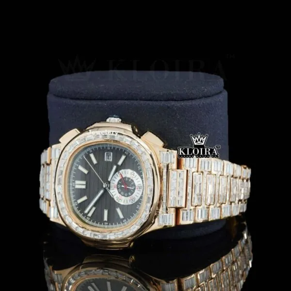 Black Dial Fully Iced Out Baguette Strap Lab Grown Diamond Watch Left Profile View