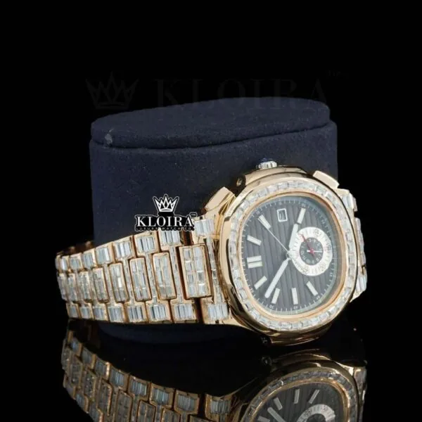 Black Dial Fully Iced Out Baguette Strap Lab Grown Diamond Watch Right Profile View