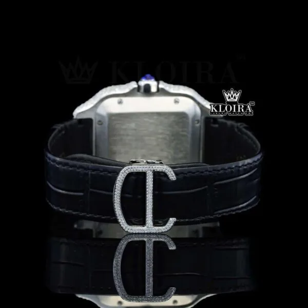 Black Dial Roman Numerals Black Leather Strap Moissanite Diamond Watch Caseback View