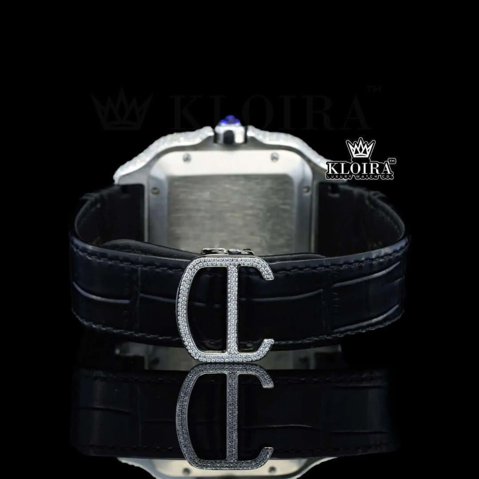Black Dial Roman Numerals Black Leather Strap Moissanite Diamond Watch Caseback View