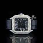 Black Dial Roman Numerals Black Leather Strap Moissanite Diamond Watch