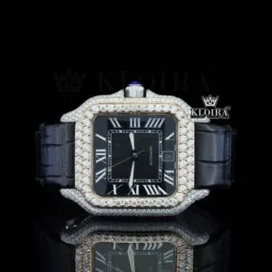 Black Dial Roman Numerals Black Leather Strap Moissanite Diamond Watch