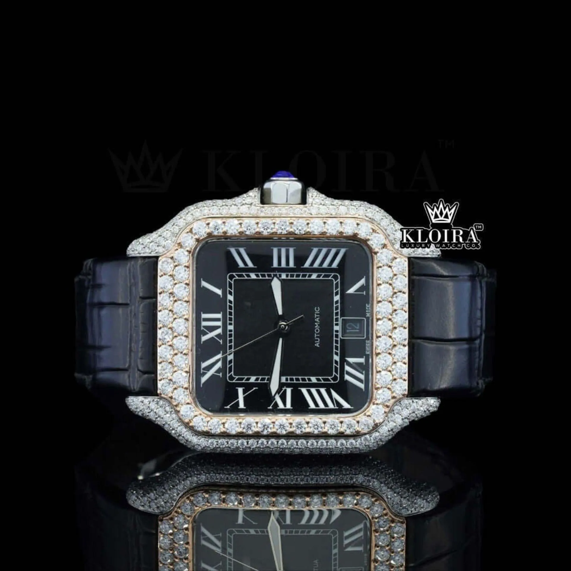 Black Dial Roman Numerals Black Leather Strap Moissanite Diamond Watch Front View