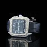 Black Dial Roman Numerals Black Leather Strap Moissanite Diamond Watch Left Profile View