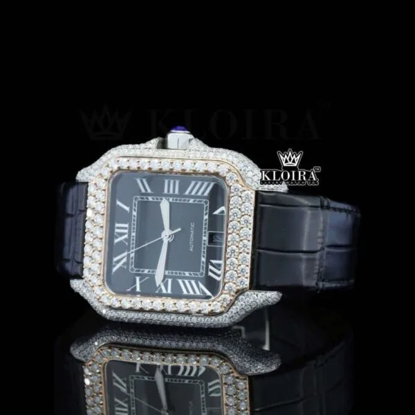 Black Dial Roman Numerals Black Leather Strap Moissanite Diamond Watch Left Profile View