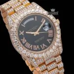 Black Dial Roman Numerals Diamond Link Strap Rose Gold Moissanite Watch Close Up Dial View