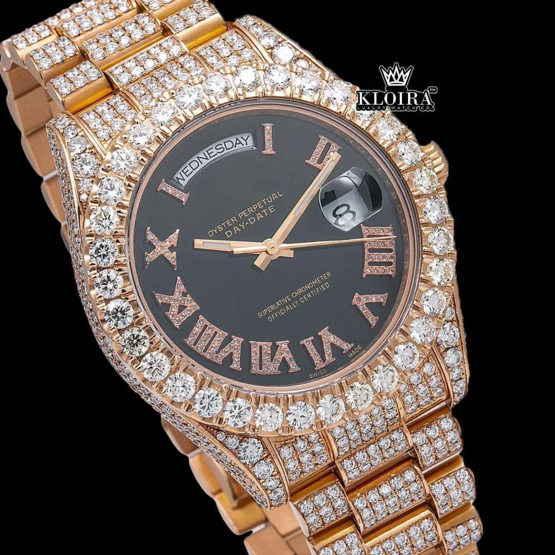 Black Dial Roman Numerals Diamond Link Strap Rose Gold Moissanite Watch Close Up Dial View