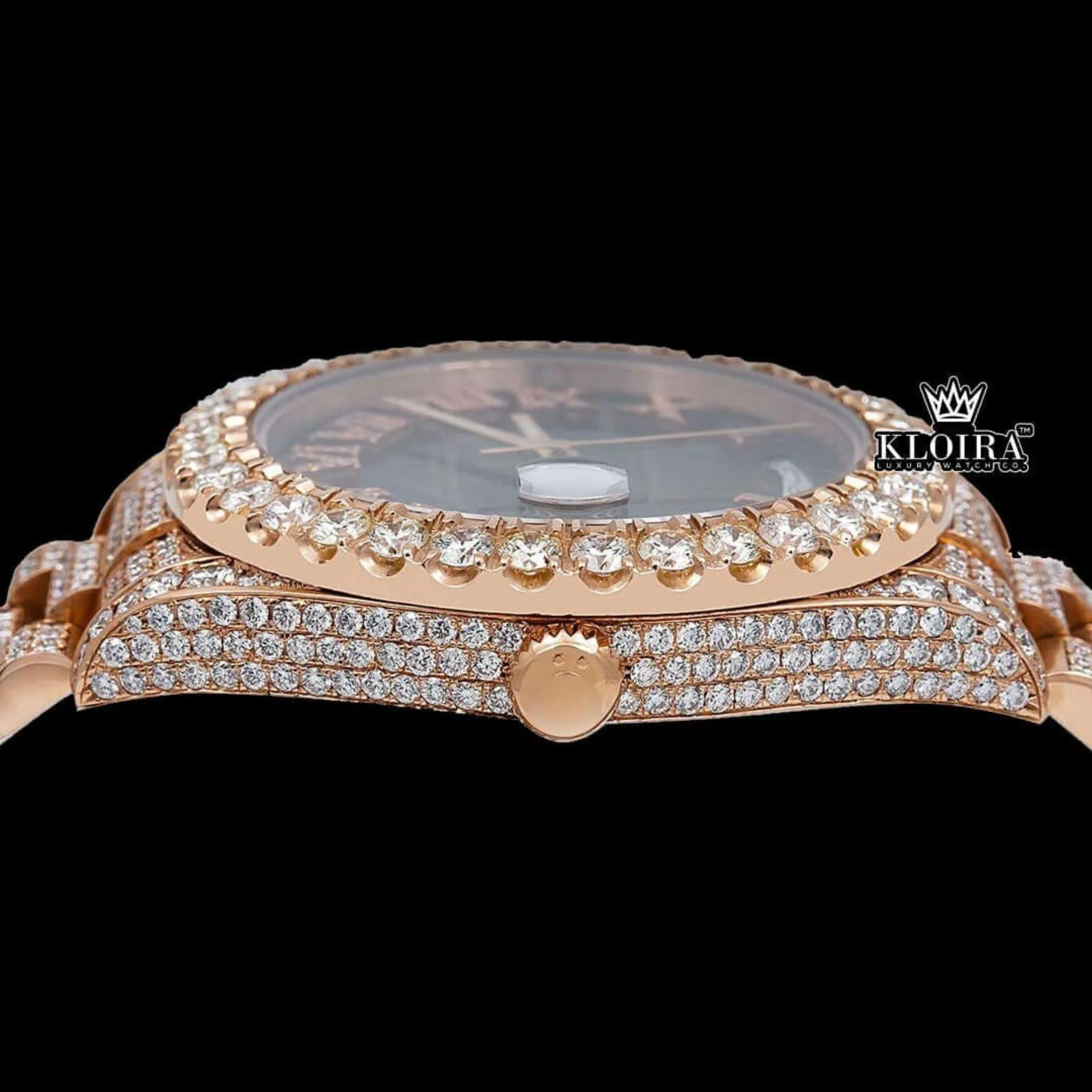 Black Dial Roman Numerals Diamond Link Strap Rose Gold Moissanite Watch Crown View